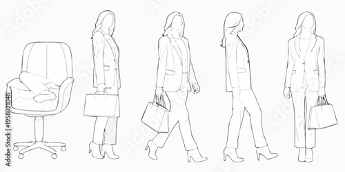 Fashion illustration of women in business attire with office chair