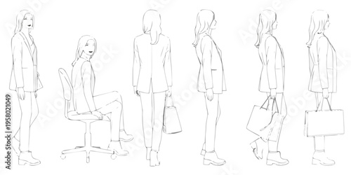 Fashion design sketch a woman in a blazer shown from multiple angles