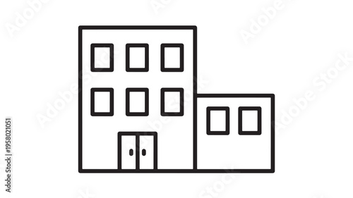 Building simple line icon with multiple windows and double doors, representing architectural design and urban structures.