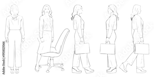 Fashion design sketch featuring a woman in various poses and office chair