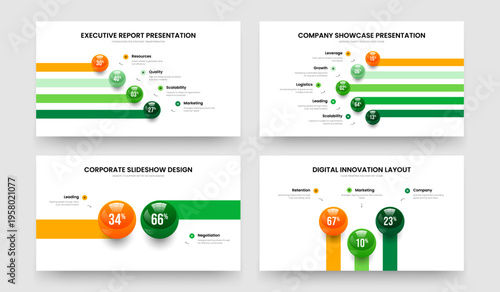 Financial Showcase 4 5 2 3 Element Chart Slideshow Template Collection. Corporate Solution Four Five Two Three Step Infographic Slide Layout Vector Illustration Set.