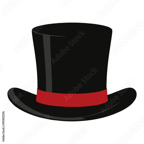 Black Top Hat Vector Icon with Red Band, Minimalist Flat Design for Costume and Fashion