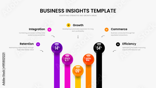 Creative Strategy Presentation Layout Vector Illustration. Investor Portfolio Five Step Graph Slide Design. Company Performance 5 Element Diagram Frame Template.