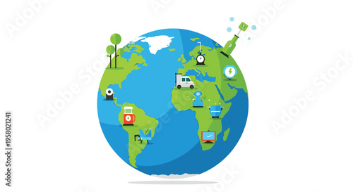 A vibrant Earth illustration features green continents, blue oceans, and diverse icons representing global energy and technology.