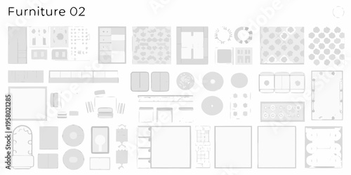 Abstract arrangement of gray furniture components in a grid layout