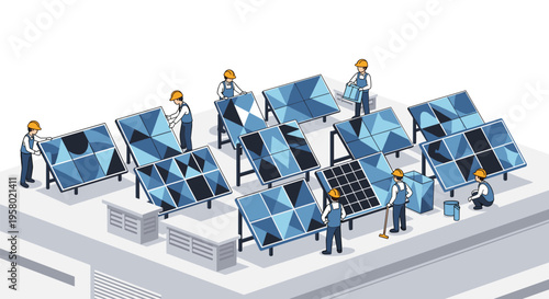 Eight workers in hard hats install and maintain blue solar panels on a grey rooftop in an isometric illustration.