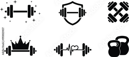 Fitness icons with dumbbells kettlebells and shield