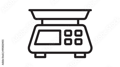 Scale kitchen digital icon with a flat platform and display, ready for weighing ingredients. featuring weight, measurement, kitchenware with food and