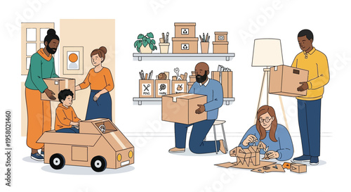 Family Enjoying Cardboard Creations and Moving Boxes.