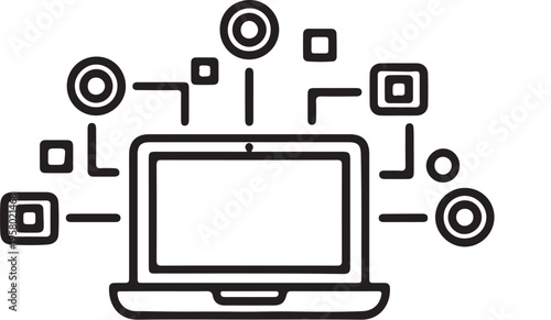 A simple line drawing of a laptop with various icons surrounding it