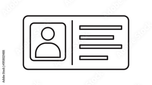 Identification card icon with placeholder for photo and text lines, simple line art representation of an ID badge.