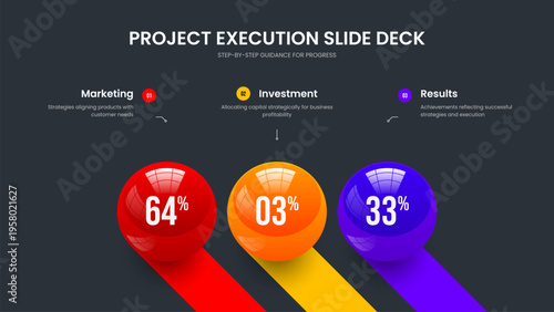 Marketing Development Three Step Graph Frame Template. Science Planning 3 Element Chart Slide Design. Investor Portfolio Slideshow Layout Vector Illustration.