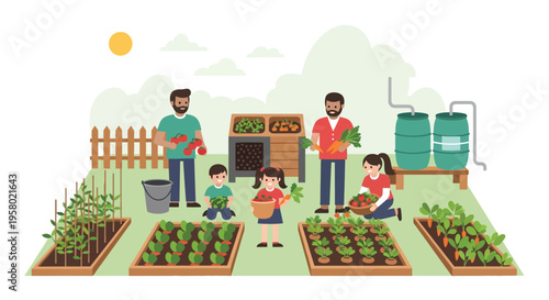 Family gardening together in a sustainable backyard farm.