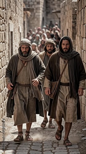 Skeptical individuals walking quickly in ancient alleyway vertical video