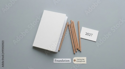 Clean White Notebook and Pencils Arranged with Year Card for Future Planning