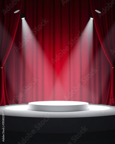 Empty stage with red curtains and spotlight illumination