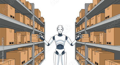 A white humanoid robot stands between warehouse shelves, holding brown cardboard boxes in a bright, clean setting.