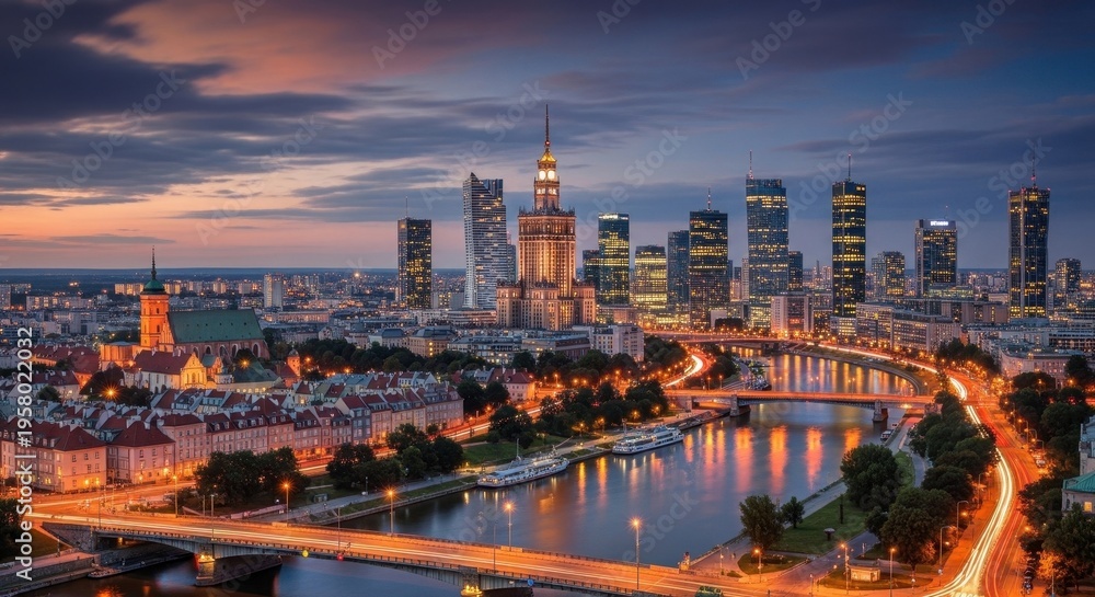 Naklejka premium Warsaws Skyline at Dusk - A Captivating Urban Panorama.