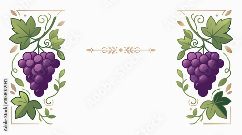 Wine event invitation template, grape clusters and leaves, removable ornate pattern, isolated on white background, empty space for text