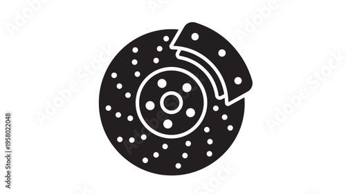 Brake disc and caliper icon with perforations and mounting bolts, isolated black and white graphic. featuring car part, automotive, vehicle with