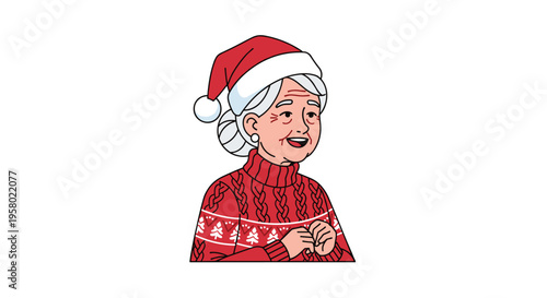 An elderly cartoon woman in a red Santa hat and patterned sweater smiles with clasped hands against a white background.
