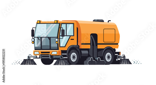 A cartoon orange street sweeper truck with blue brushes and subtle dust trails is shown from a front-side angle on a white background.