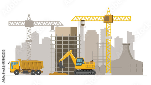 건설현장(건축+타워크레인+포크레인+트럭+건설+도시)