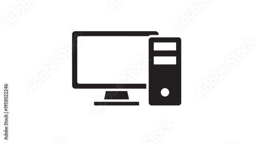 Computer desktop icon with monitor and tower unit, representing digital technology and personal computing hardware for various applications.