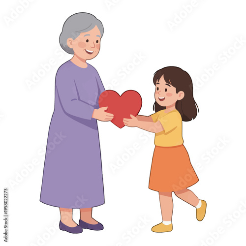 Grandmother and Granddaughter Holding Heart Vector Illustration, Emotional Family Bond Icon for Love and Care Projects