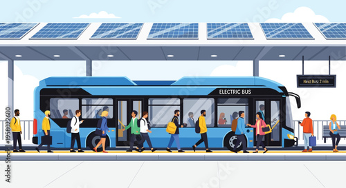 Modern Electric Bus with Passengers at Station.