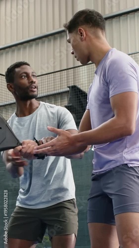Vertical video: Placing hand coach fixing student wrist on court, teaching with paddle, watch, tees