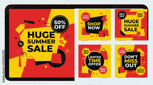 Mega Summer Sale Announcements Featuring Shopping Bags and Special Offer Graphics
