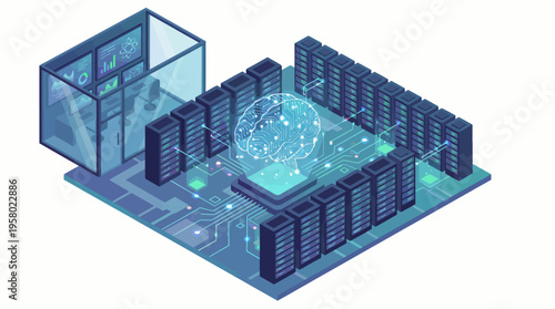 Server room with glowing digital sphere and network connections, representing data processing and AI