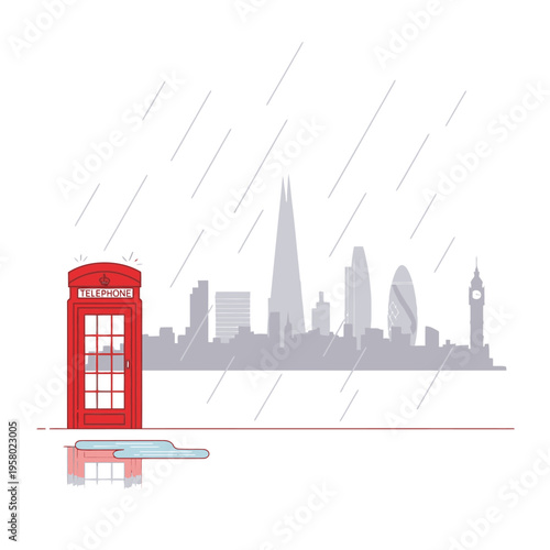 Iconic Red London Telephone Booth in Rainy Cityscape.