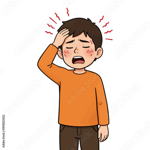 Stressed and Frustrated Boy with Headache, Vector Illustration for Health and Emotion