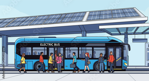 Modern Electric Bus with Passengers at Station.
