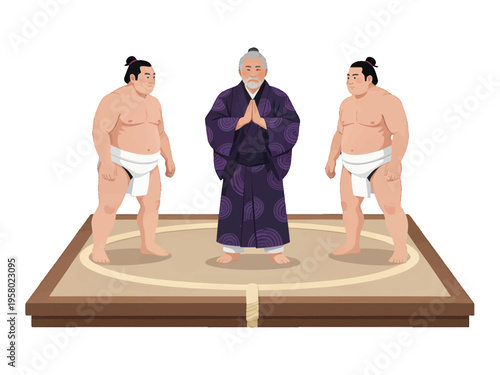 Sumo Wrestlers and Referee in Ring Vector Illustration, Traditional Japanese Sumo Match