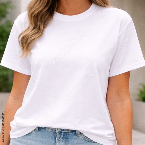 Woman wearing white blank t shirt mockup with denim jeans outdoors