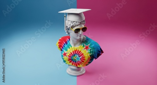 Classical Bust Wearing Graduation Cap and Tie-Dye Shirt on Blue Pink Background for Modern Creative Education and Student Life Concepts