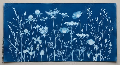 Wide Panoramic Blue Cyanotype Print of Wild Meadow Grasses and Field Flowers