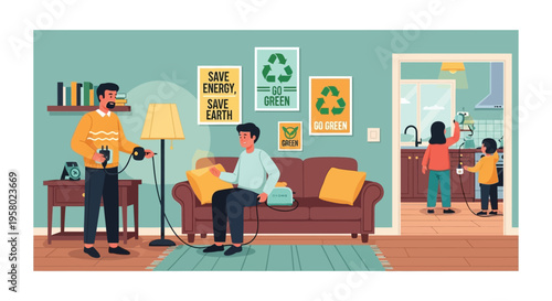 Family practicing eco-friendly habits at home.