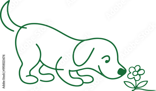 Minimalist Continuous Single Line Drawing of a Cute Puppy Smelling a Flower