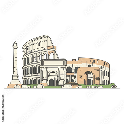 Iconic Roman Architecture Colosseum and Arch Detailed Illustration.