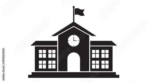 School building icon with clock and flag on a white background, representing education and learning institutions.