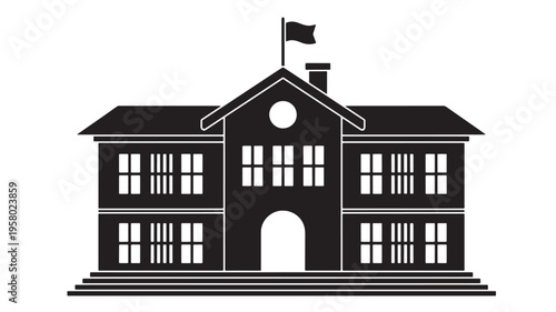 School building icon with a flag on the roof, representing education and learning, rendered in a simple black silhouette.
