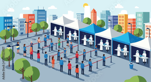 People queuing for COVID-19 testing tents in city.