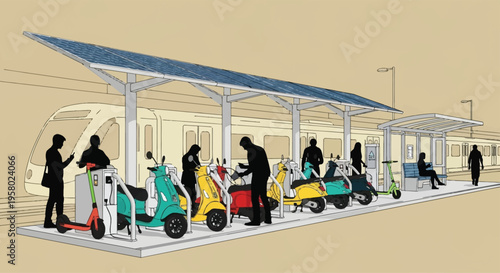 Modern Electric Scooter Charging Station with Solar Canopy.