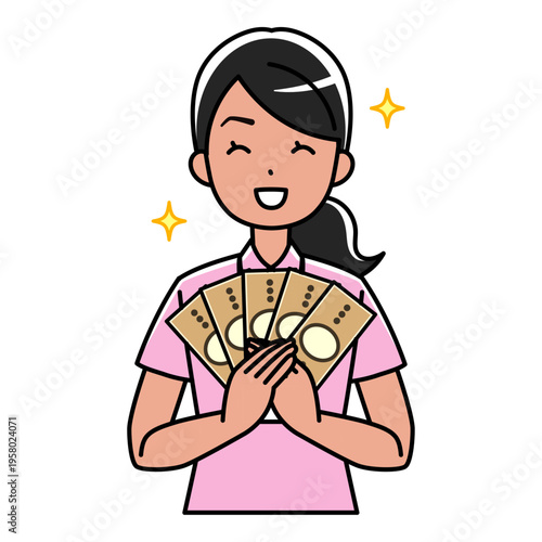 お札を持っている笑顔の外国人女性のイラスト（ポロシャツ姿）