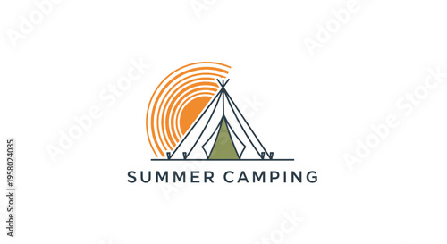 Vector illustration of summer camping logo with tent and sun