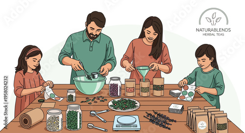 Family preparing food together at a wooden table.